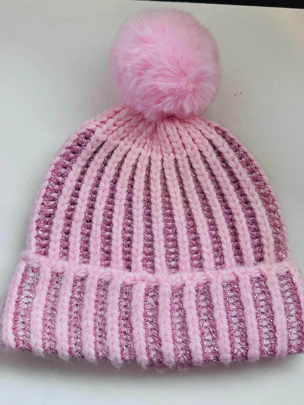 Old Navy Pink and Metallic Pom Pom Ribbed Knit Beanie Hat Infant 0-6m